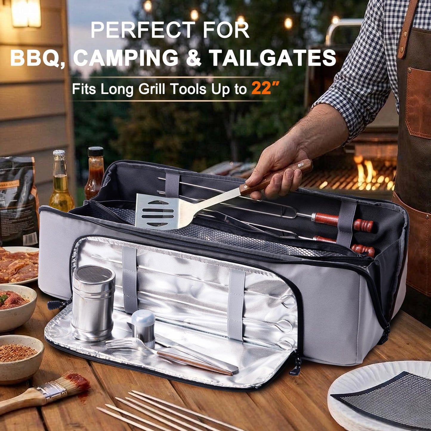 22" Grill Tool Bag, Heavy Duty BBQ Accessories Organizer with Wide-Open Design, Large Griddle Utensil Storage Bag for Blackstone, Camping, Tailgating, BBQ Gifts for Men（Bag Only）