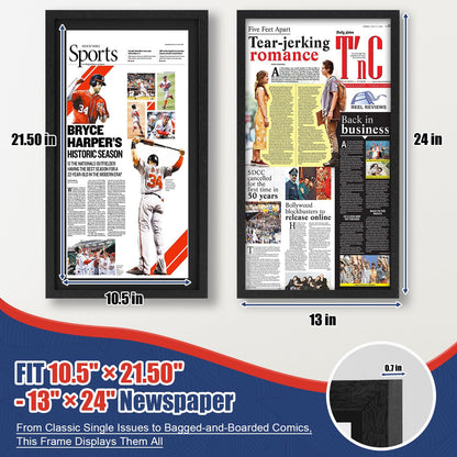 JupDec 11 × 22 Up to 13 × 24 Newspaper Frame, Premium Wood Display Case with Acrylic Panel, Wall Mount or Tabletop Stand, Perfect for Home & Office Decor, Ideal Gift for Collector, 3 Pack, Black