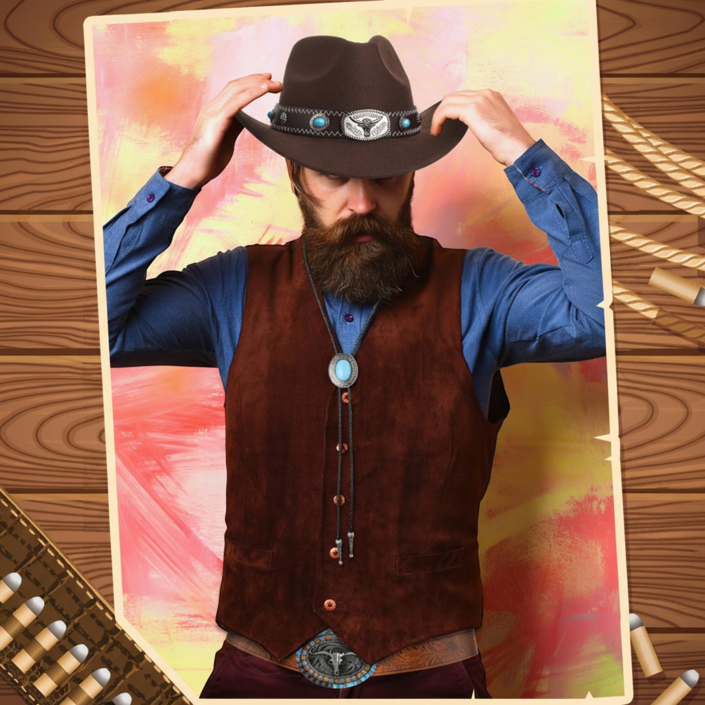 Shyyween 3 Pcs Western Accessories Set for Women Men Wide Brim Cowboy Hat, Cowgirl Leather Necktie Necklace, Western Belts(Brown)