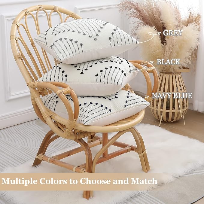 Mecatny Boho Outdoor Throw Pillow Covers 12X20 Set of 2, Farmhouse Lumbar Pillow Covers for Couch Sofa Living Room, Navy & Cream White