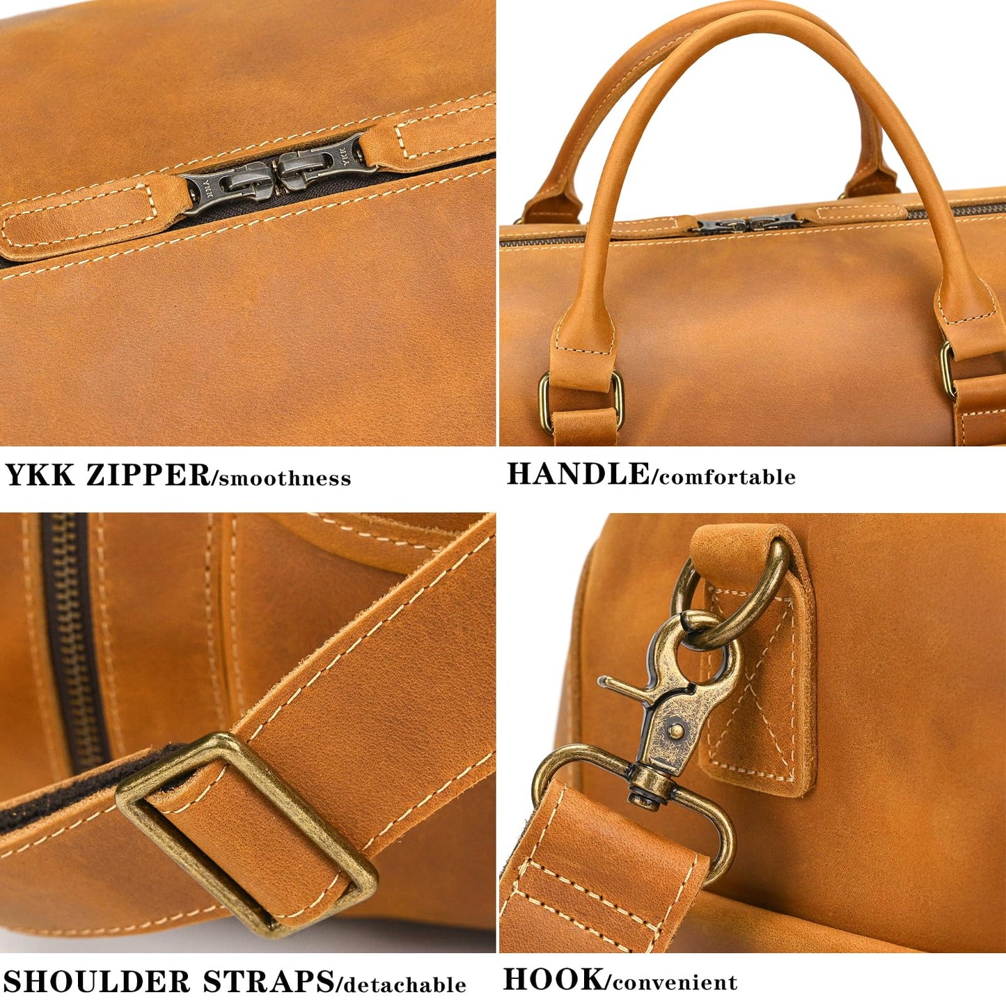 Leather Travel Duffle Bag, Vintage 23" Thick Full Grain Cowhide Travel Bags Leather Overnight Luggage YKK Zipper