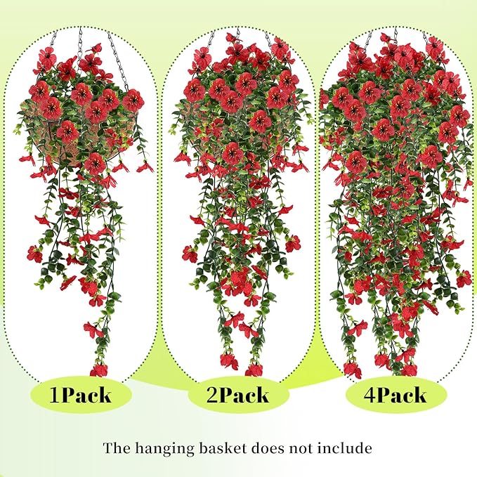 Artificial Fake Hanging Flowers Plants for Outdoor Spring Summer Decoration, 4pcs Faux Silk Realistic UV Sun Resistant Daisy for Outside Porch Patio Window Box Yard Home Decor (Red)