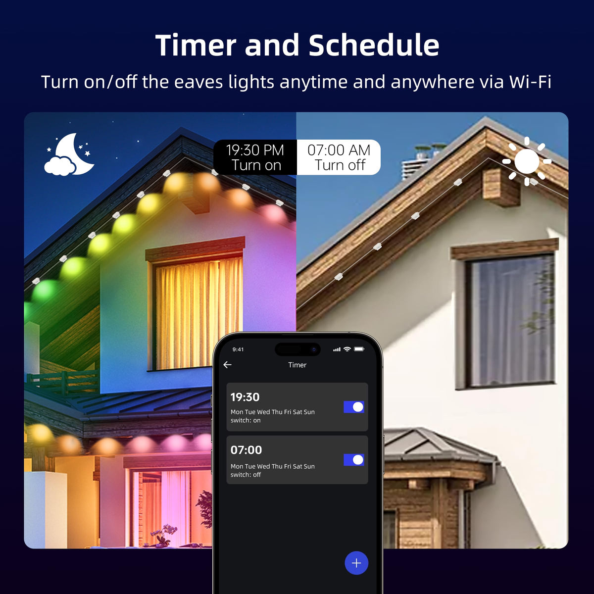 Qeeanmo Permanent Outdoor Lights for House, 120ft Smart RGB+IC Eave Light with APP & Remote Control, DIY Modes,IP67 LED Roof Lights for Holiday, Christmas, Halloween, Party Decor