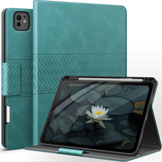 auaua Case for iPad Pro 11 Inch (M5/M4) 2025/2024, PU Leather Case with Pencil Holder, Supports Pencil Pro and Pencil(USB-C), Adjustable Angles, Auto Sleep/Wake (Green)