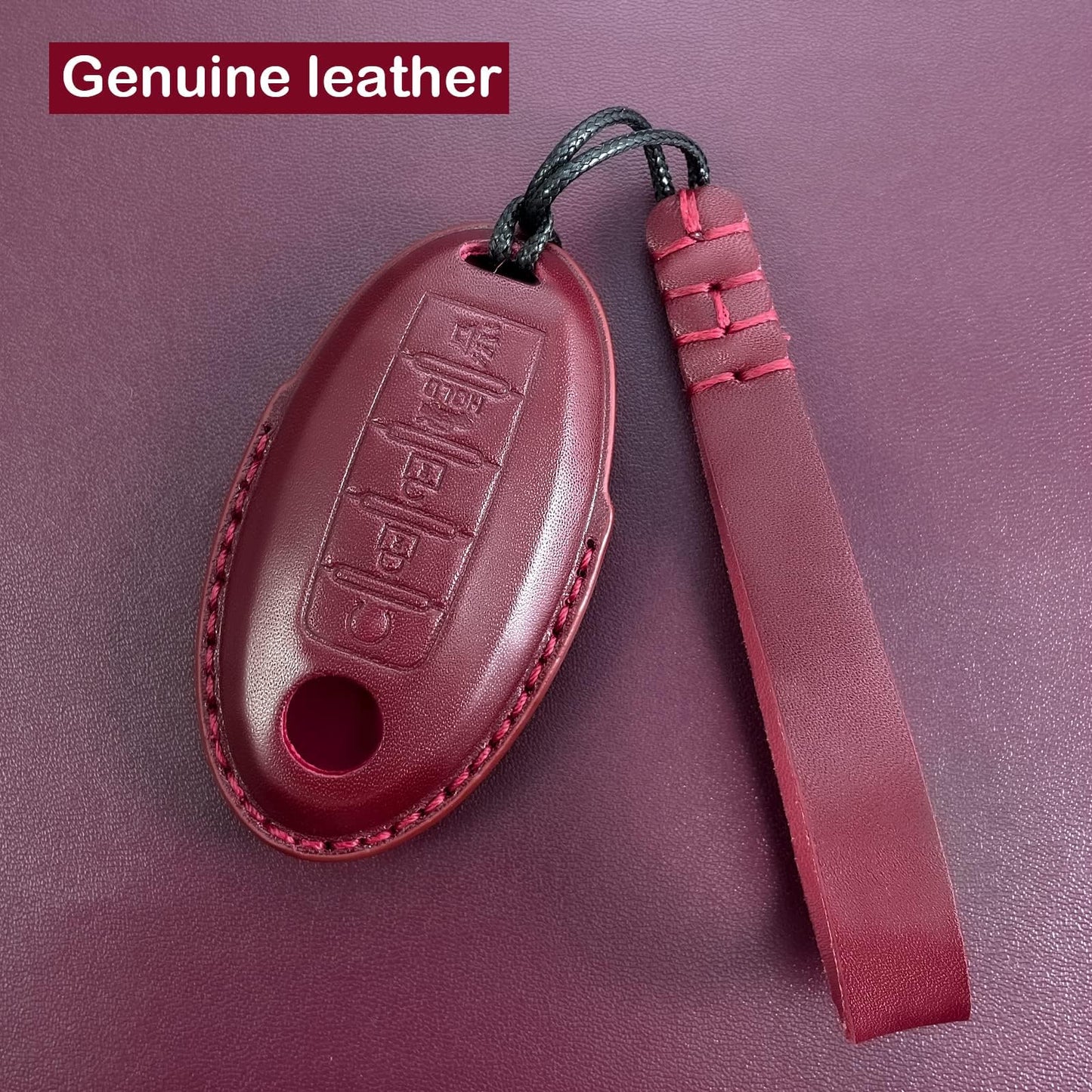Yonmcfn Leather Car Key Fob Cover for Nissan with Keychain, Premium Leather Full Protection Key Case for Rogue Altima Sentra Maxima Armada Pathfinder Murano fit 5 Buttons Smart Remote Key(Red)