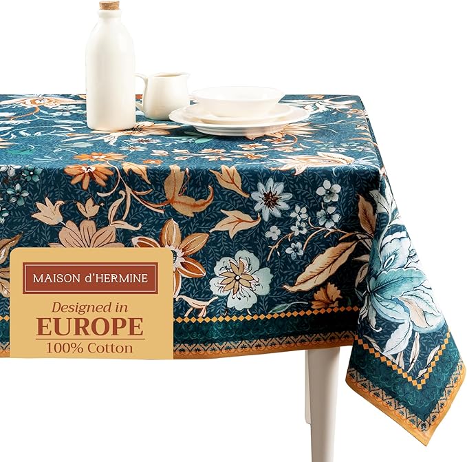 Maison d' Hermine Table Cloth Rectangle Table 100% Cotton 70 x 108 Inches Fall Tablecloth Reusable Everyday Use for Thanksgiving Christmas Decorations Dining Farmhouse Party (Luxury Loft - Dark Teal)