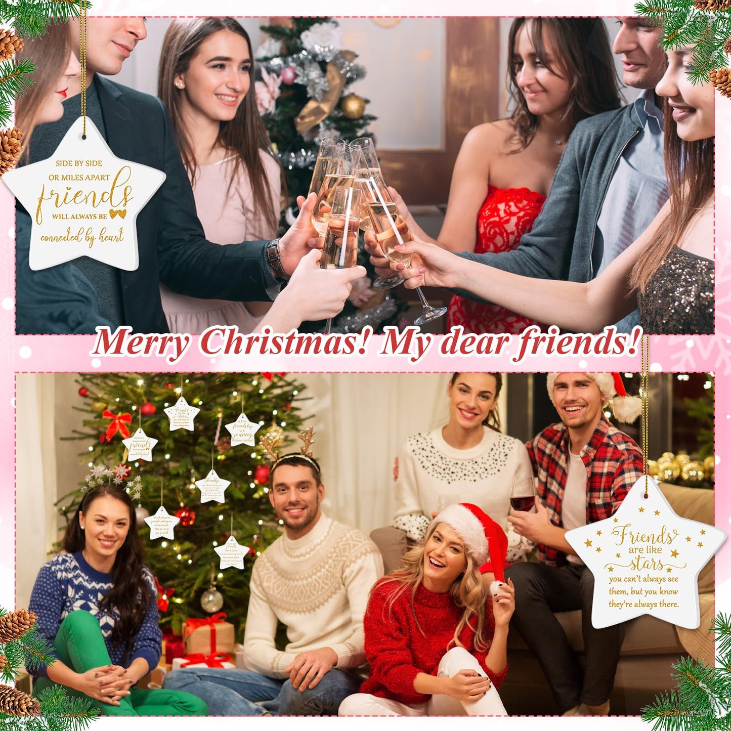 Suzile 6 Pcs Friendship Christmas Ornaments Long Distance Sister Christmas Ornament Gift Round Sisters Friends Ornaments with Holiday Cards Organza Gift Bag for Christmas Tree (Star)