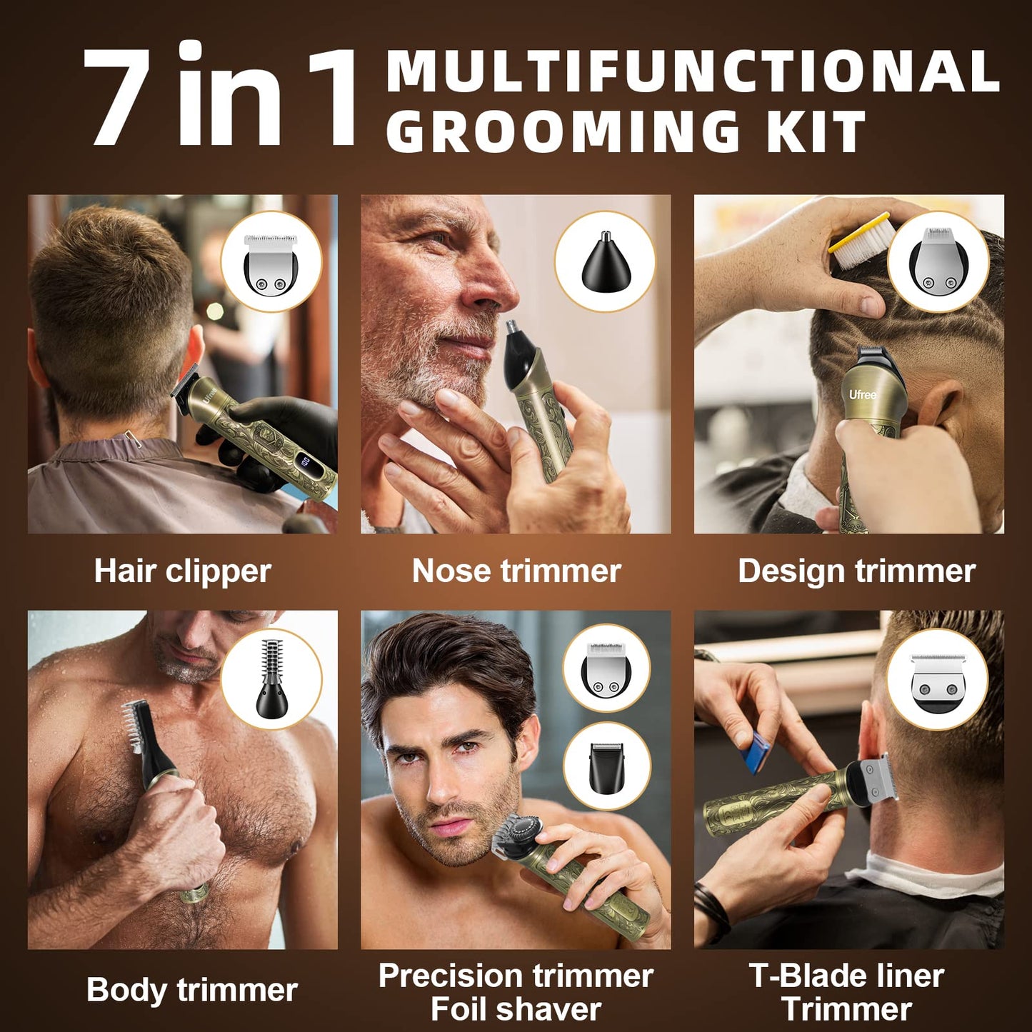 Ufree Beard Trimmer for Men, Electric Razor Shaver, Cordless Hair Clipper Shaving Kit for Mustache Body Nose Ear Hair Facial, Adjustable Beard Grooming Kit Birthday Gifts for Men