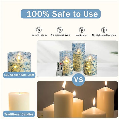 Flameless Candles with String Lights - Set of 3 Printed Remote Battery Operated Candle Flickering Floral LED Pillar Candles with Timer for Home Decor Romantic Ambiance,BL
