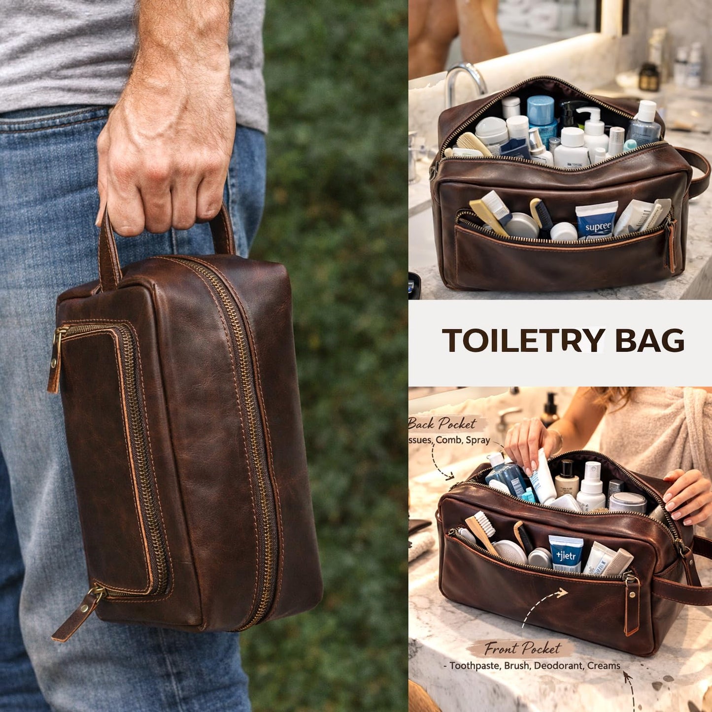 Men's Toiletry Bag Leather Travel Toiletry Bag Dopp Kit for Men Shaving Bag for Travel Accessories 101 YEAR QUALITY REPLACEMENT WARRENTY