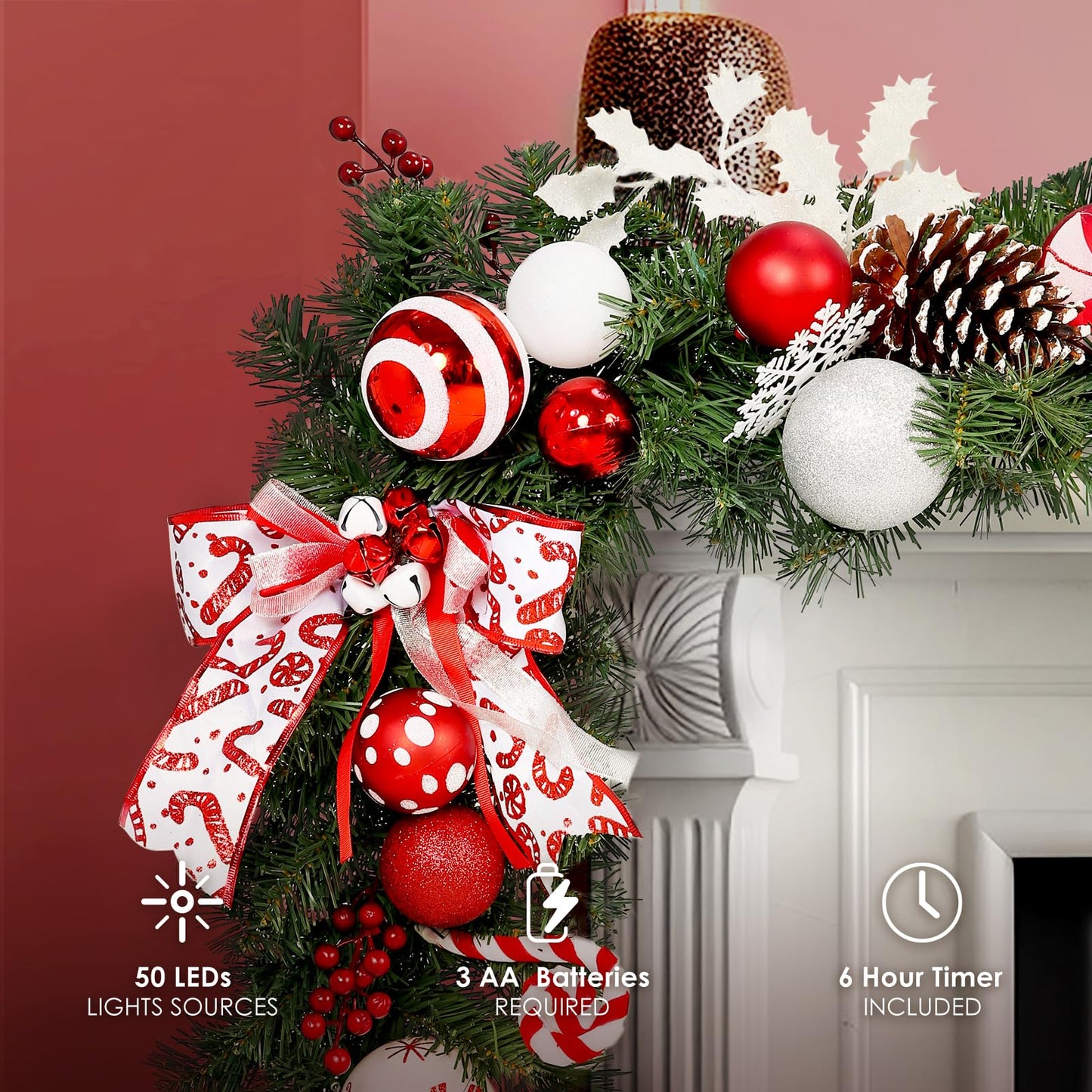 WBHome Pre-lit 9 Feet/106 Inch Christmas Garland Candy Shop Red & White Themed with 50 LED Lights Holiday Decorations, Battery Operated (Batteries NOT Included)