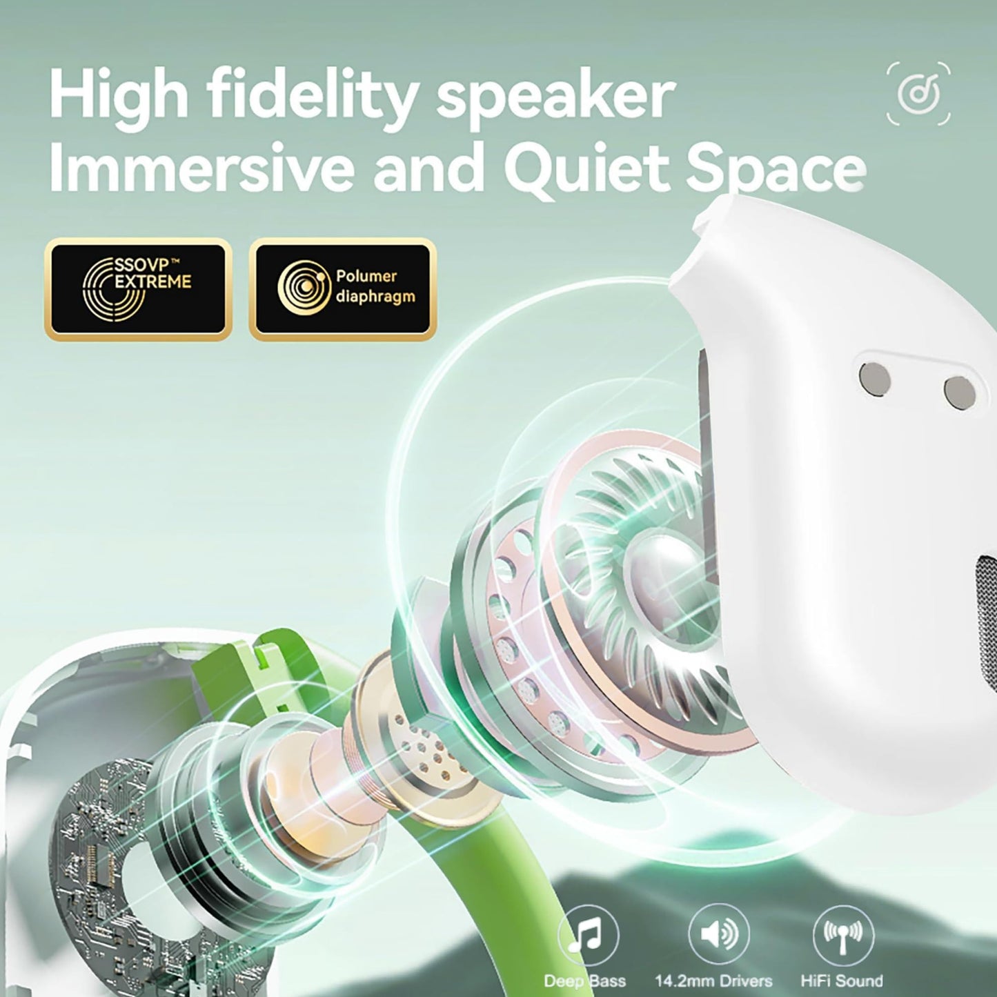 HJX OWS M82 Open Ear Earbuds Wireless Earphones Bluetooth 5.3 Headphone Sport, 55hrs Long Battery Life,Stereo Deep Bass Over Ear Bud with Earhooks, ENC Noise Cancelling Mic, Workout/Running(White)