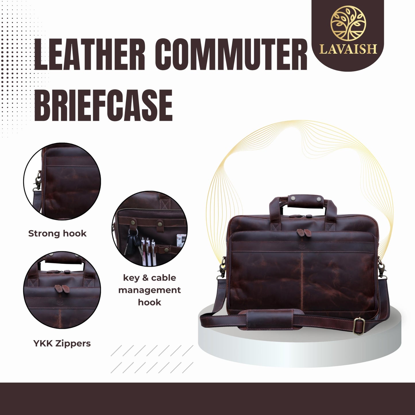 LAVAISH Full-Grain Leather Briefcase for Men & Women – 17 Inch Laptop Bag with Computer Compartment – Premium Leather Office Satchel, Business Messenger Bag, Work Bag for Professionals (Dark Brown)