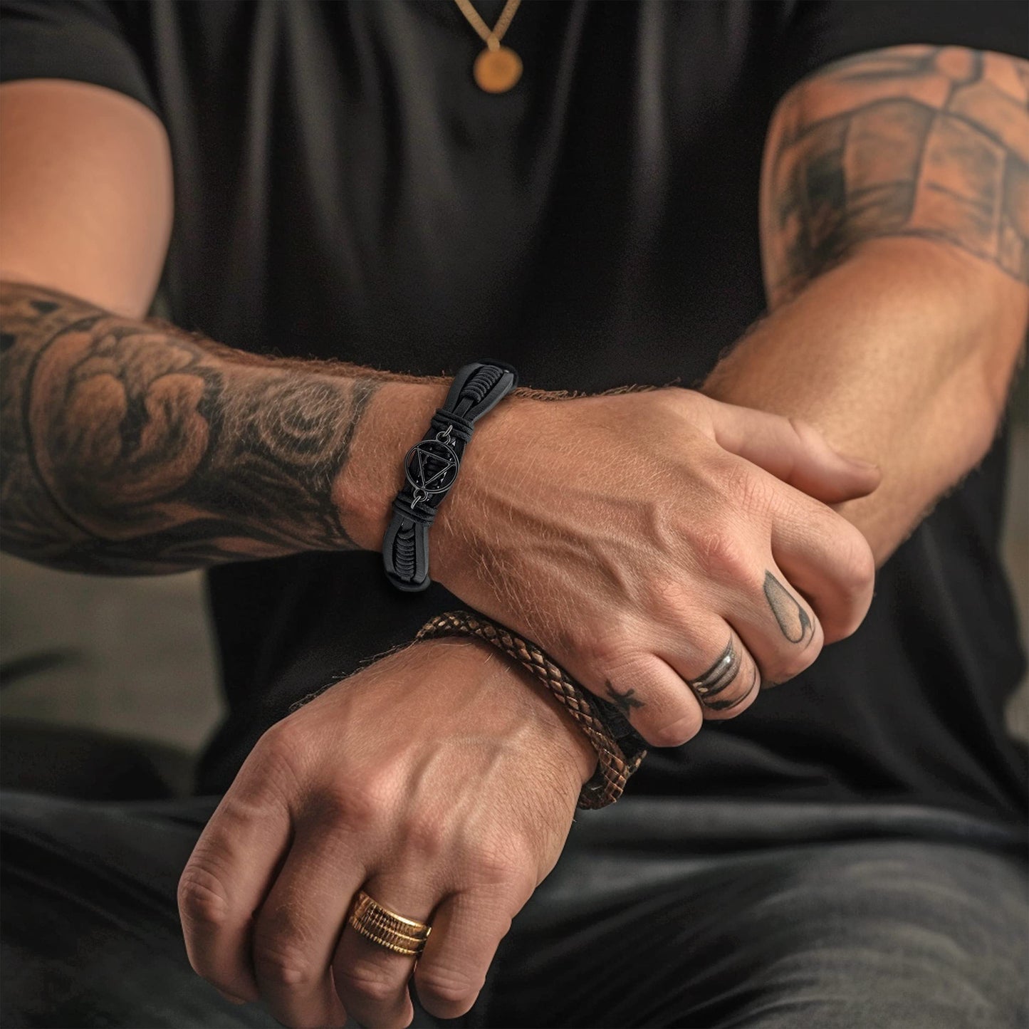 The Token Shop Adjustable Black Leather AA Bracelet with Alcoholics Anonymous Circle Triangle Charm | Sobriety Gift for Men and Women in Recovery