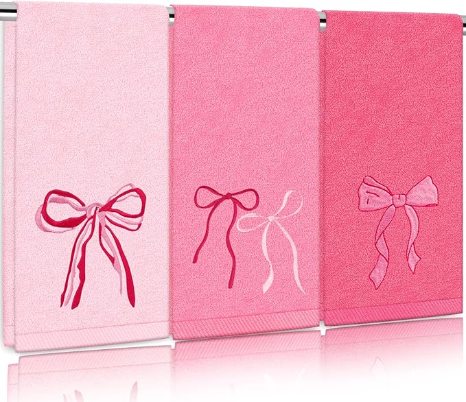 3Pcs Pink Bow Hand Towels Coquette Cotton Embroidered Decorative Towels