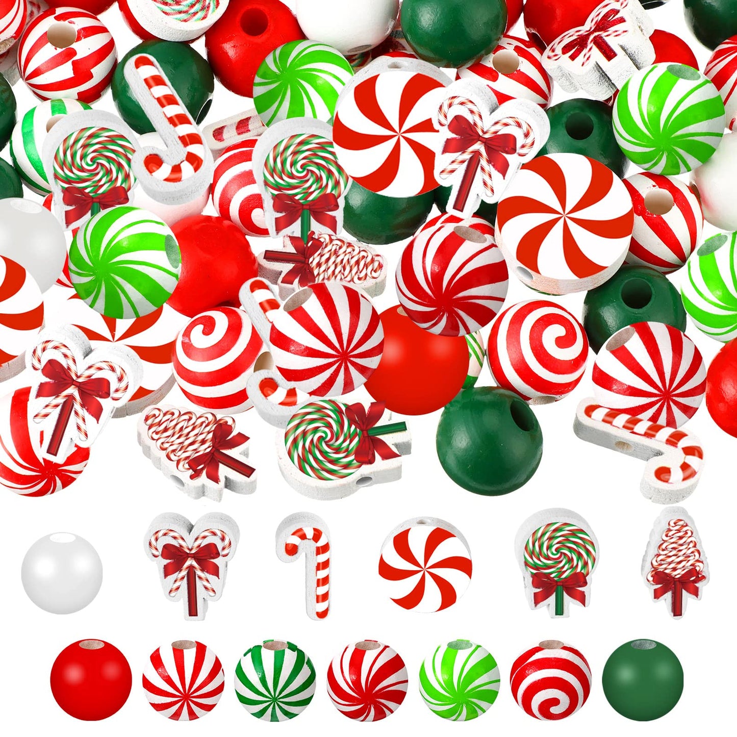 Qunclay 200 Pcs Christmas Beads for Crafts Wooden Christmas Beads Red Green and White Peppermint Candy Cane for Jewelry Making Holiday DIY Garland Party Tree Hanging Home