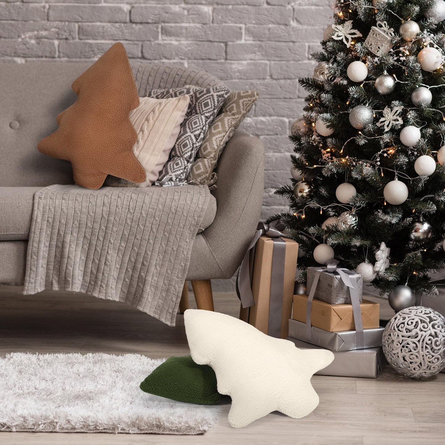 Anglechic 3 Pcs Christmas Pillows Neutral Christmas Tree Decorative Throw Pillows Xmas Tree Stuffed Wool Pillows Soft Xmas Plush Cushion for Sofa Couch Bedroom Livingroom