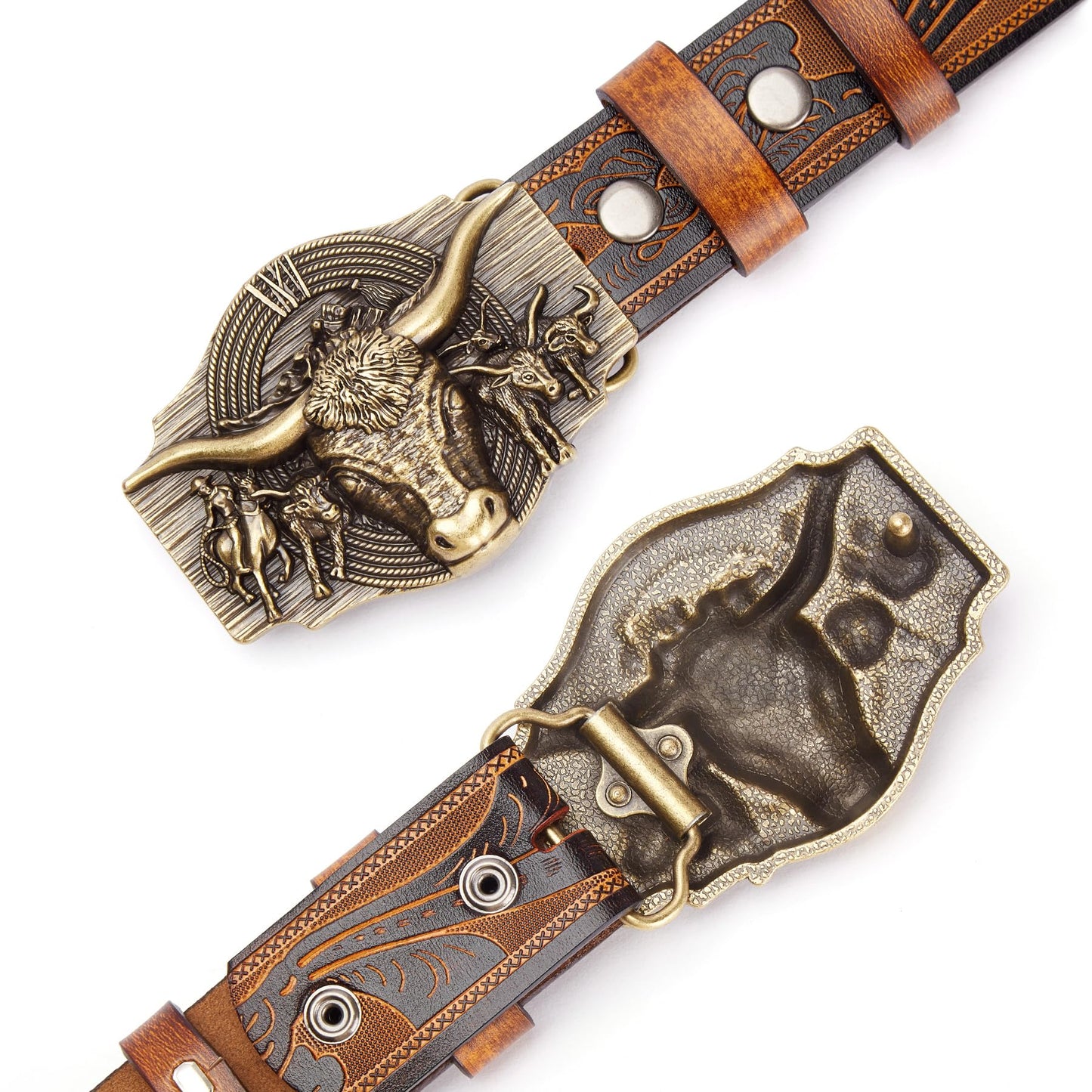 BISON DENIM Western Leather Belt for Men Women Cowboy Cowgirl Mens Buckle Belt for Jeans, Country Belt, Ideal Men's Gifts
