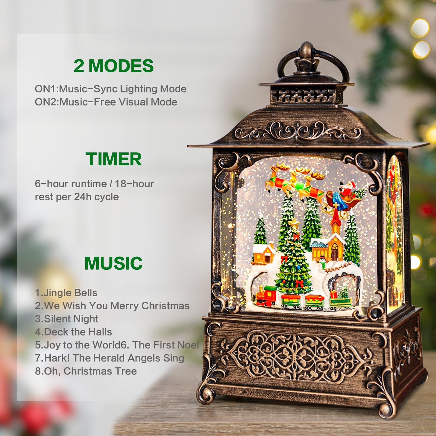 Christmas Snow Globes Lantern with Music, Winter Village Scene Snow Globes with Swirling Glitter Effects, USB/Battery Powered with 6-Hour Timer, Christmas Decorations
