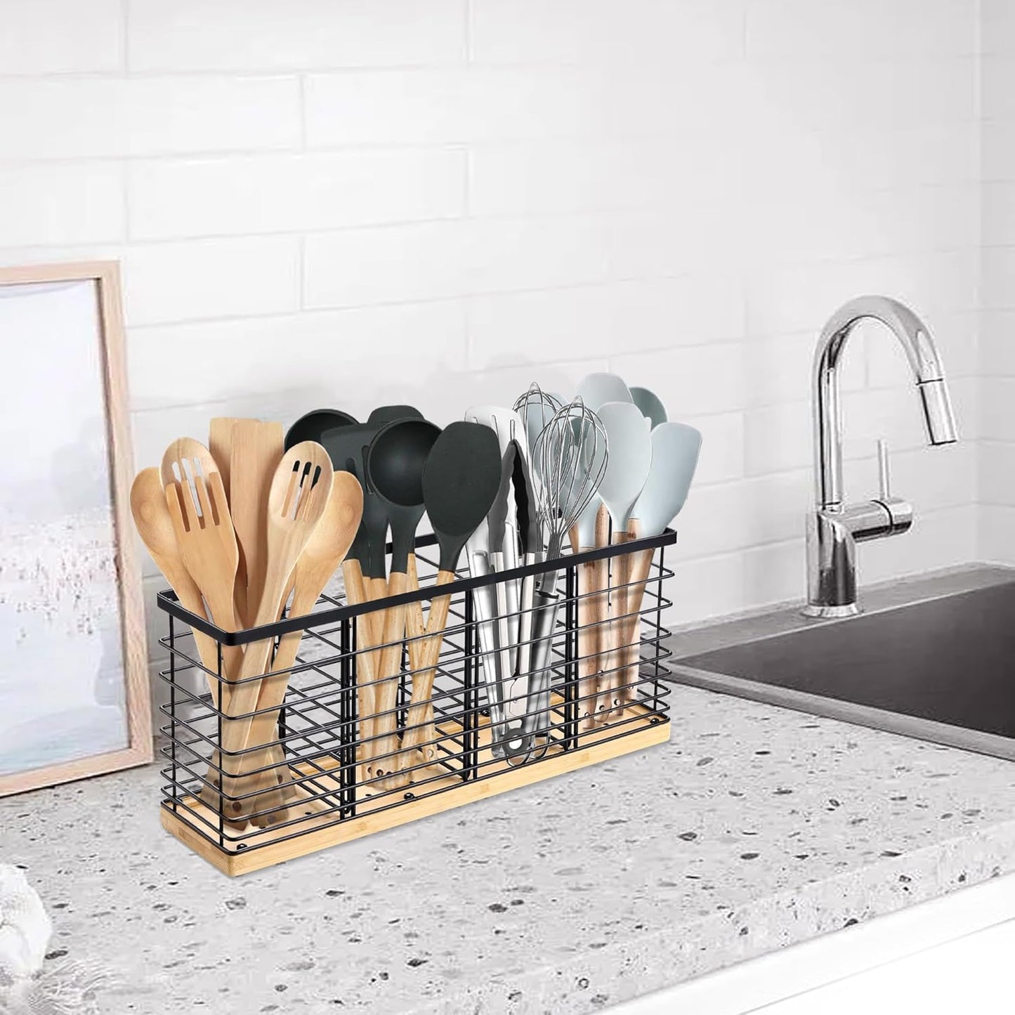 Suli Extra Large Kitchen Utensil Holder with 4 Compartments，Matte Black Metal holder with Wooden Base for Kitchen Countertop，Farmhouse Cooking Utensil Storage, Rustic Cooking Utensil