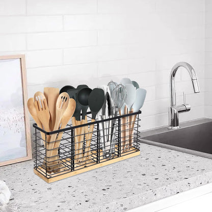Suli Extra Large Kitchen Utensil Holder with 4 Compartments，Matte Black Metal holder with Wooden Base for Kitchen Countertop，Farmhouse Cooking Utensil Storage, Rustic Cooking Utensil