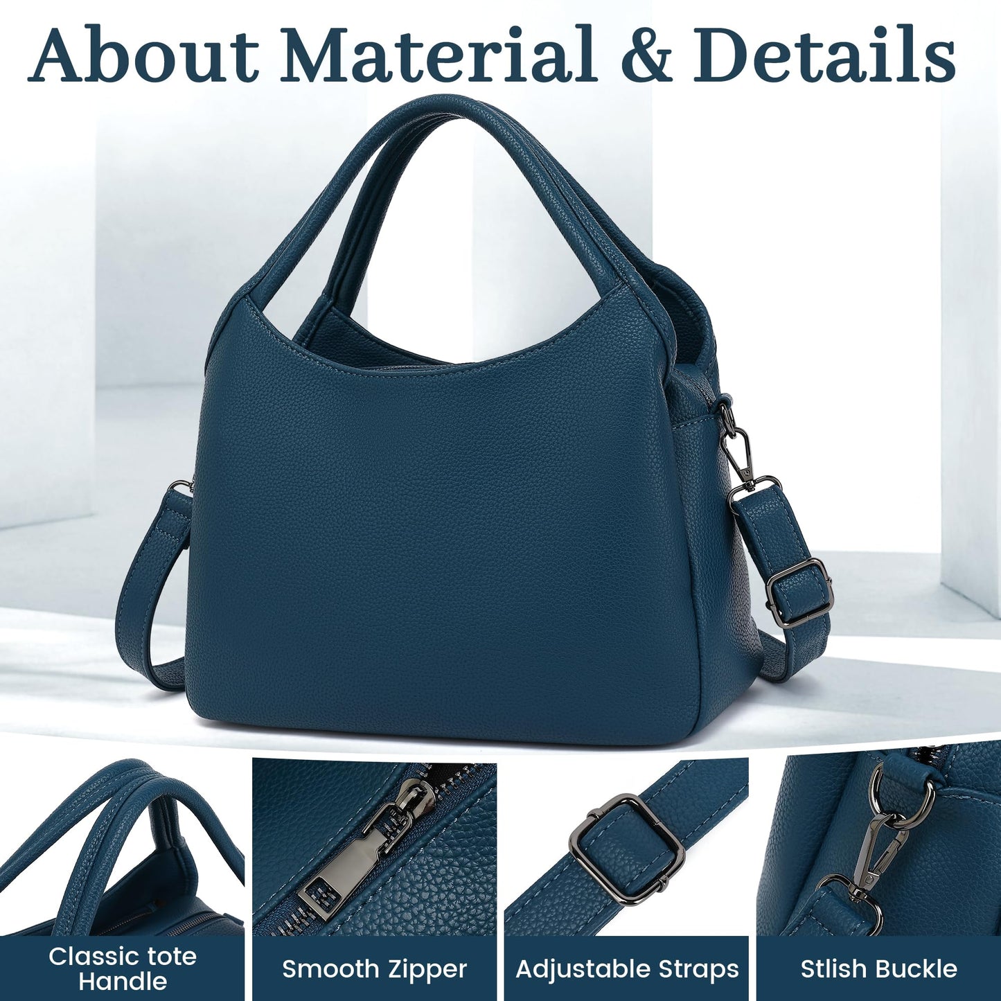 KOGTLA Women's Large Pebbled Leather Purses with Satchel Strap, Ladies Vegan Leather Tote Handbags, Hobo Shoulder Bags Blue
