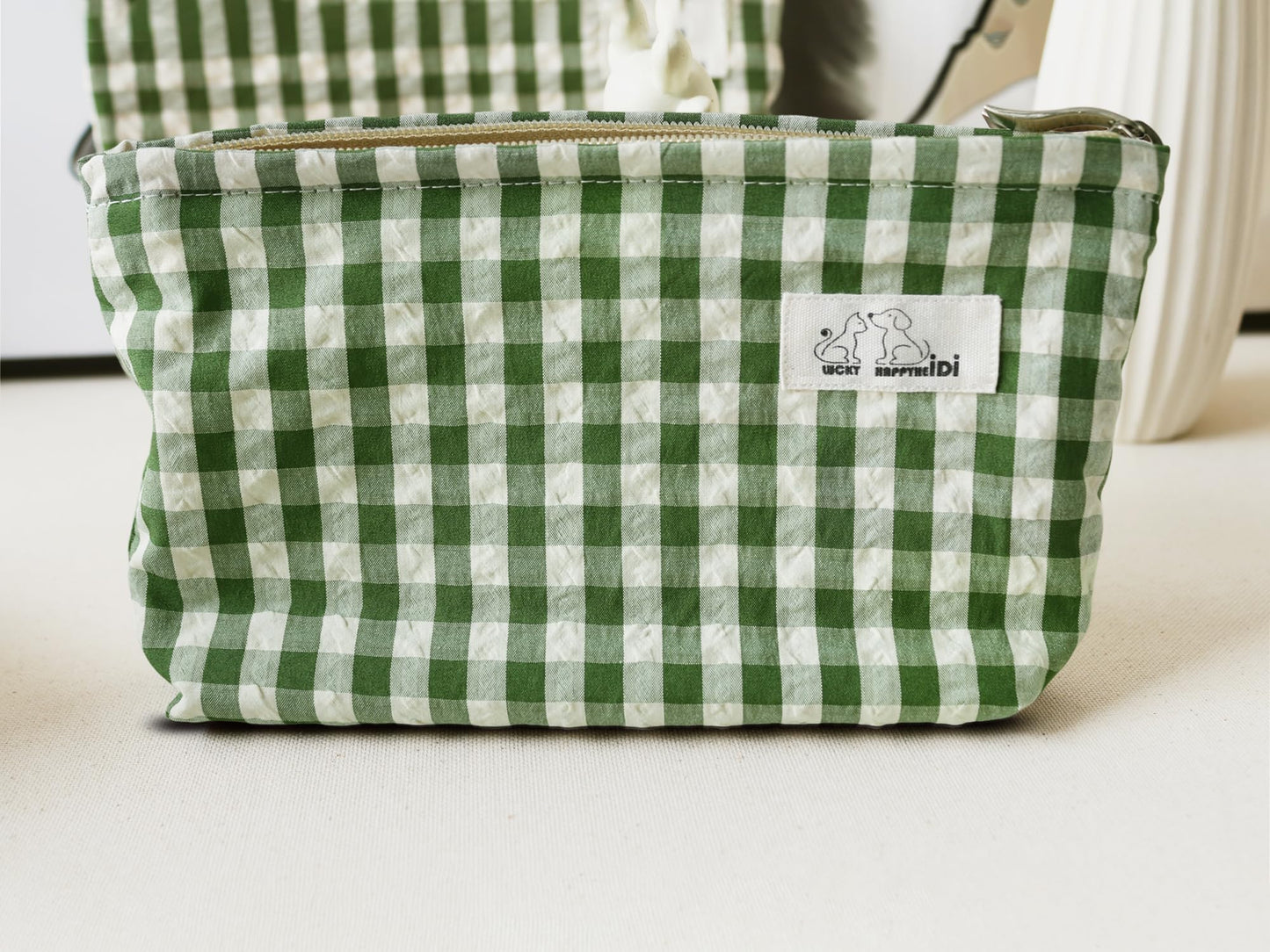 HAPPYHEIDI Nylon Checker Makeup Bag Set 3 with Compartment Cosmetic Toiletry Travel Pouch,Purse Accessory Organizer, 3-Size, Beige Green Plaid, Canvas Lined