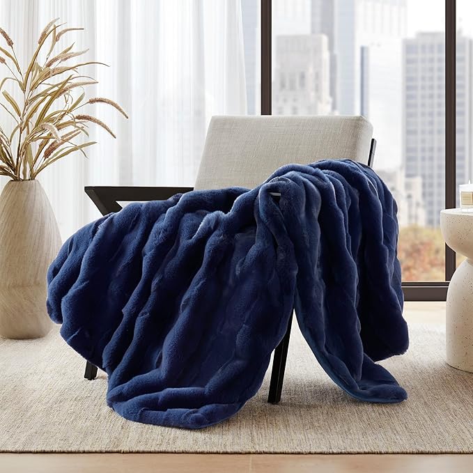 Madison Park Luxuriously Cozy Soft Long Faux Fur Basketweave Blanket, Reversible Soft & Snuggly Velvet Throw, Lightweight, Breathable, All Season, Trendy Room Décor, 50x60, Navy
