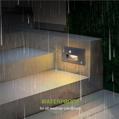 ASD LED Recessed Step Light Fixture, Dusk to Dawn Outdoor Tread Lighting | 3CCT, Motion Sensor, Photocell, Waterproof, ETL Listed | 3W 120LM 3000K-5000K 120V | Staircase Illumination | Black, 4 Pack