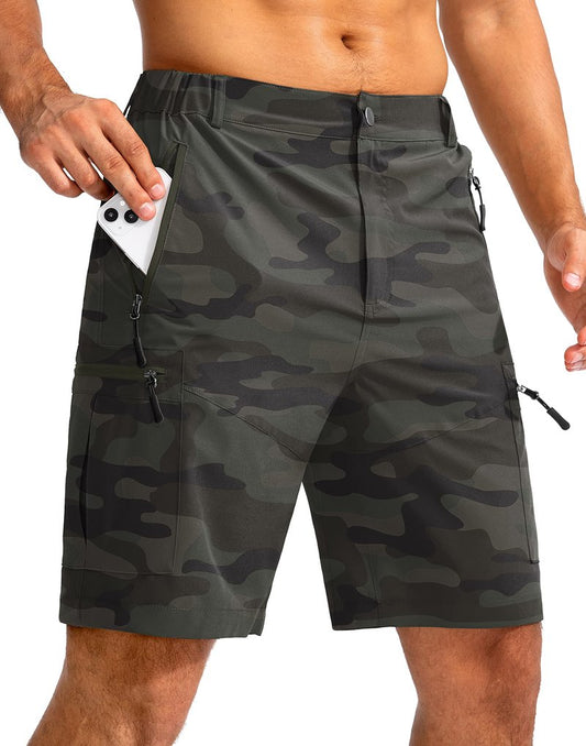 Pudolla Men's Hiking Cargo Shorts 9" Lightweight Outdoor Work Shorts for Men Travel Golf Camping Casual with 5 Zipper Pockets(Green Camo XX-Large)