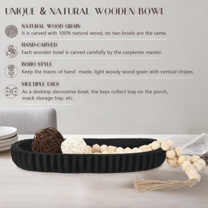 Oakrain Wooden Decorative Bowl for Home Decor, 16" Rustic Dough Bowl with Hand Carved Vertical Stripes, Long Wood Tray for Table Centerpieces, Matte Black