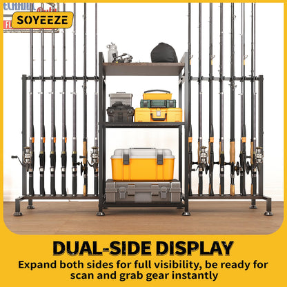SOYEEZE Fishing Rod Holder for 28 Rods, Ground Stand Fishing Pole Holders for Garage, 3-Sided Vertical Fish Rod Rack for Tackle Box, Fishing Supplies,a Display Fish Gear Storage Gift for Man