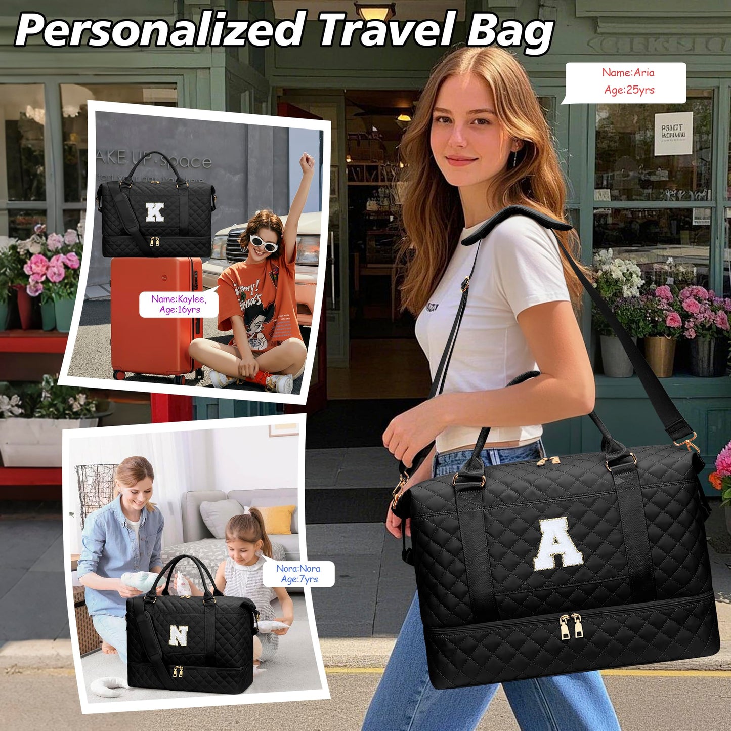 CLOUDWINGS Gifts for Women Girls Initial Travel Duffle Bag Quilted Weekender Carry-On Overnight with Cosmetic Bag, Gym Bag with Shoe Compartment, Black A