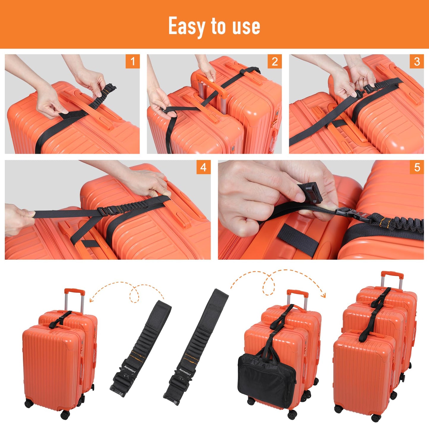 Aurosturt Luggage Straps 2-Pack, Suitcase Connector Straps to Connect 3 Luggage Bags, Heavy-Duty Nylon Webbing with Metal Buckles, Adjustable Travel Belt for Carry On or Checked Bags