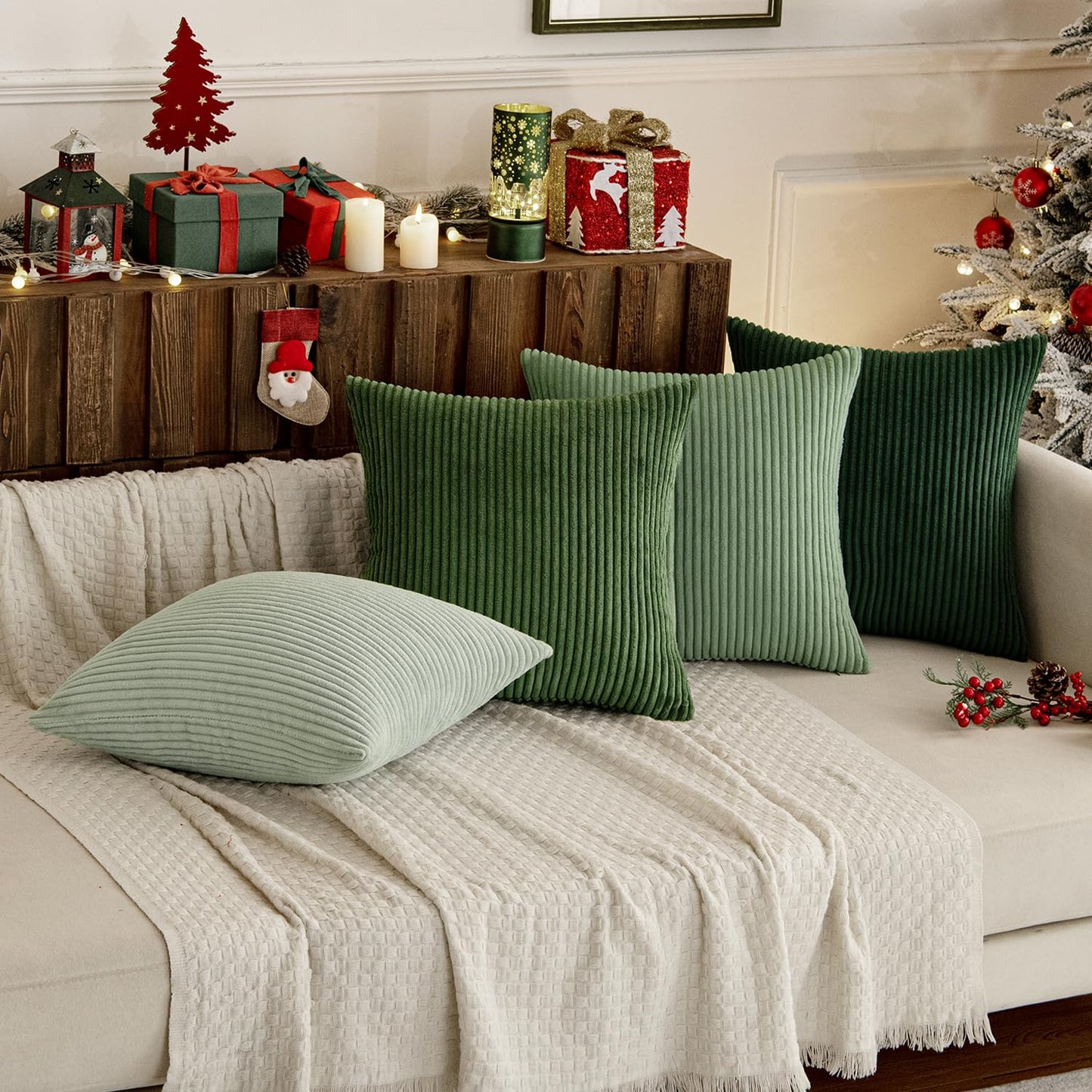 MIULEE Boho Farmhouse Sage Green Throw Pillow Covers 18x18 Inch Set of 4 Mordern Nordic Cushion Covers Soft Corduroy Spring Home Decor for Couch Bed Sofa Living Room Forest Green