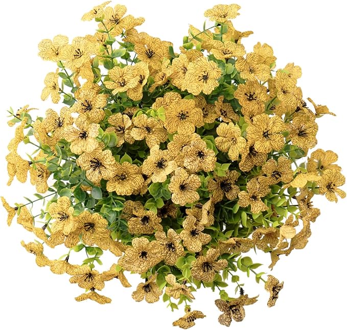 Outdoor Artificial Flowers, 8 Bundles Fake Flowers Autumn Decoration, No Fade Faux Plastic Shrubs for Garden Patio Porch Window Box Fall Decor (Yellow)