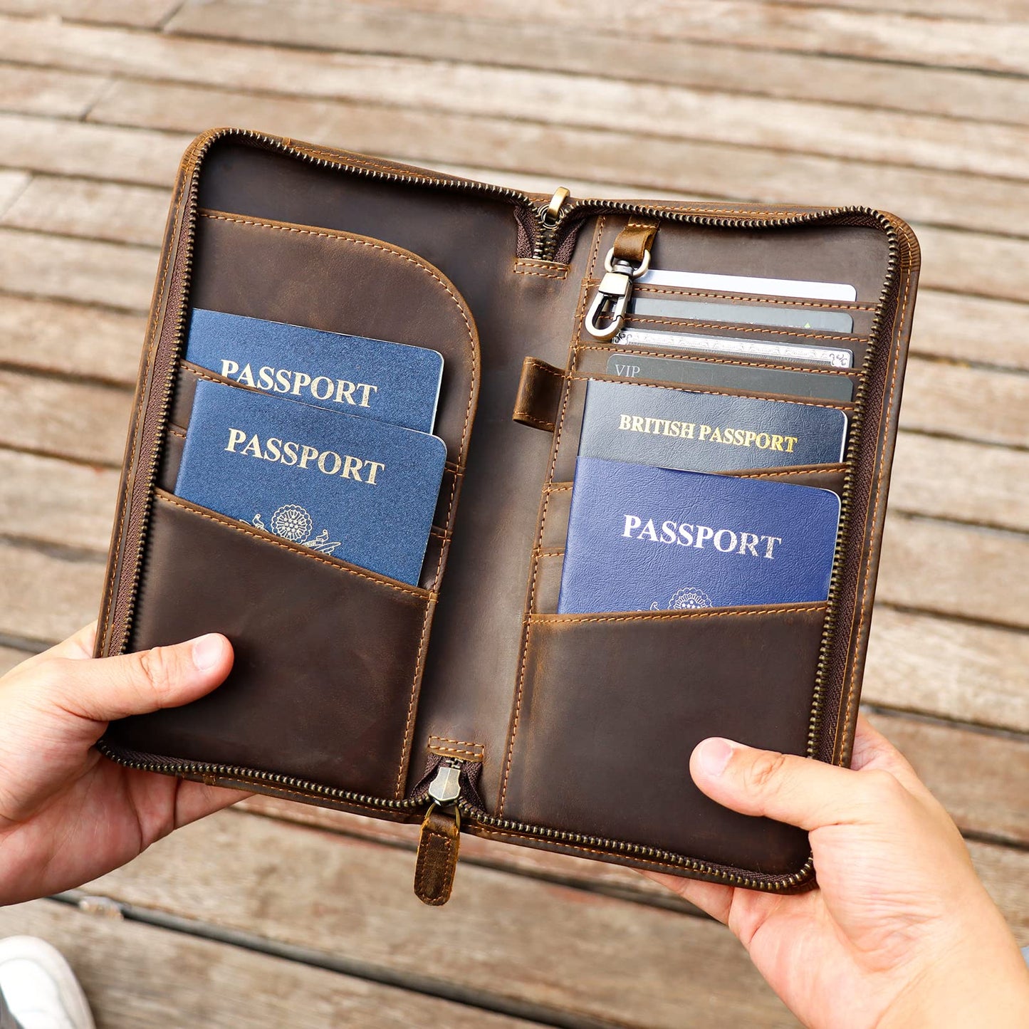 Polare Full Grain Leather Family Travel Passport Wallet and Documents Organizer RFID Blocking Case Holder Fits 6 Passports for Men and Women(Dark Brown)