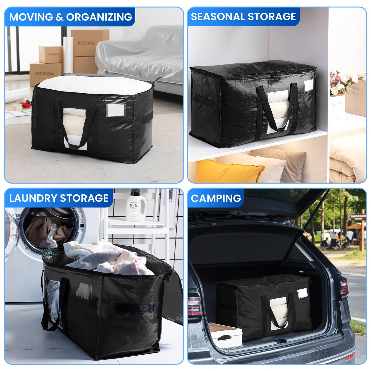 TAILI Extra Large Moving Bags, 4 Pack Black Heavy Duty Totes For Storage with Visible Window, Wrap Around Handles, Storage Bags for Space Saving, Alternative to Moving Boxes
