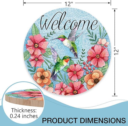 Deroro Welcome Spring Hummingbird Birds Sign for Front Door Decor, Floral Flowers Wood Door Hanger for Outdoor Outside Porch, Seasonal Summer Farmhouse Wooden Wreath Indoor Wall Hanging Decoration