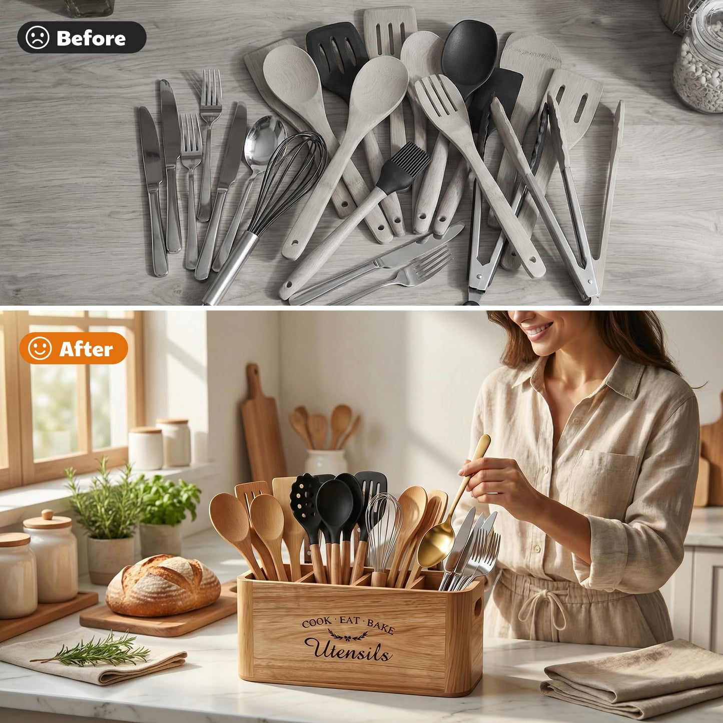 Eclove Acacia Wood Utensil Holder for Kitchen Countertop, Extra Large Wooden Utensil Organizer with Magnetic Knife Strip, 4 Compartment Farmhouse Kitchen Tool Caddy and Silverware Storage