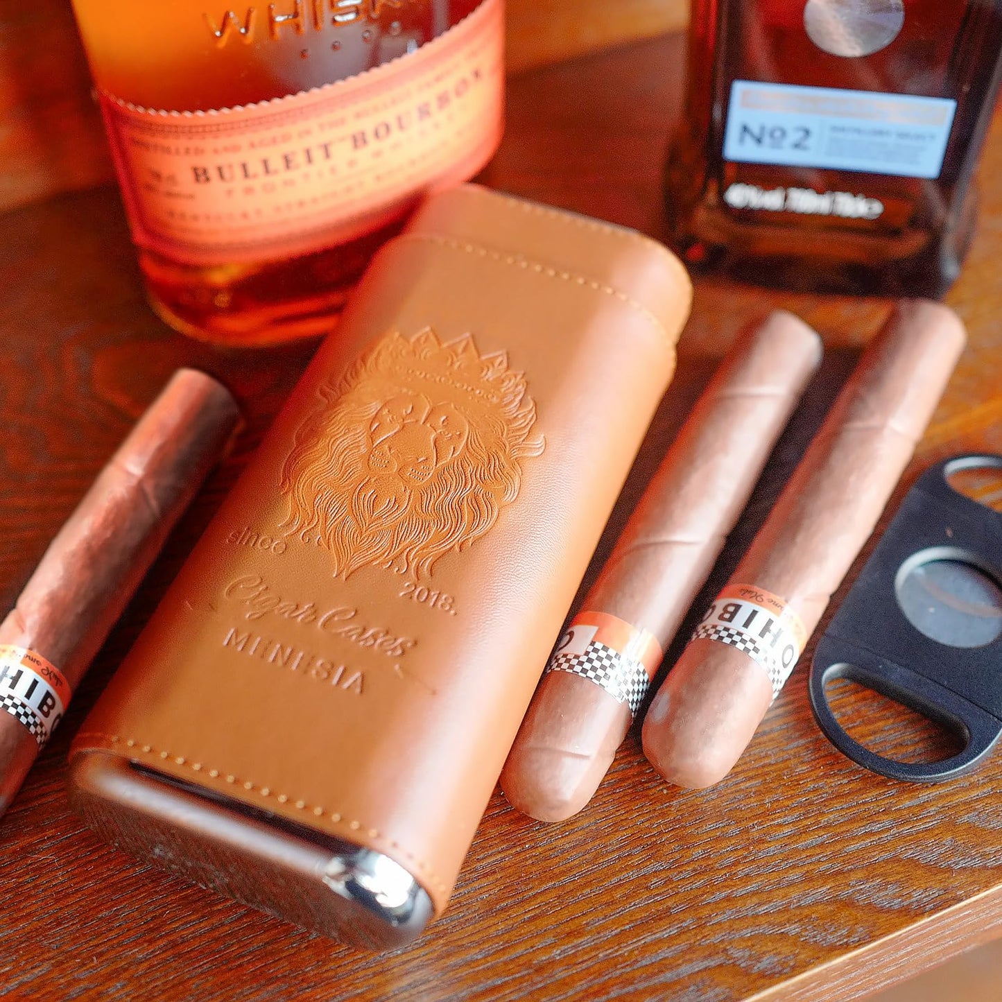 menesia Brown Cigar Case with Cutter - Portable Leather Travel Cigar Holder and Pouch Kit for Men