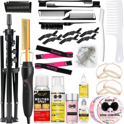 Electric Hot Comb Hair Straightener, Deluxe Electrical Straightening Comb Curling Iron for Natural Black Wigs, Hot Comb Electric for Wigs Pressing Combs with Wig Glue Melting Spray Hair Wax Stick