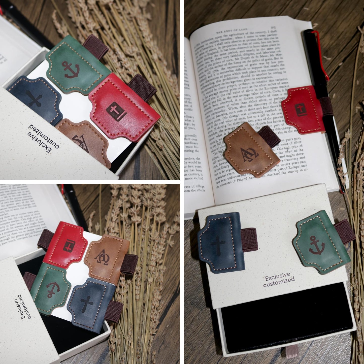 Buyborgood 4 Pcs Personalized Magnetic Leather Bookmark Pen Holder Book Lovers Christian Gifts Bygone Mark for Reading, Red-Bible + Brown-AΩ + Blue-Cross + Green-Anchor