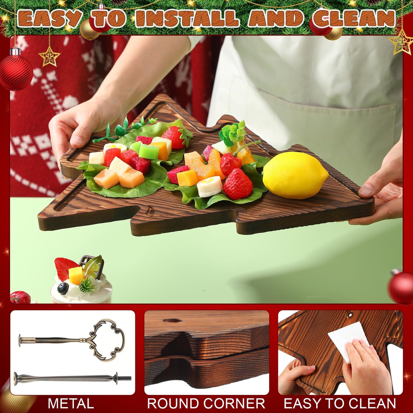 Amyhill Wood 2-Tiered Christmas Tree Tray Cupcake Stand Dessert Display Holiday Serving Platters Xmas Wooden Charcuterie Board for Snacks Food Fruit Appetizers Desserts Cookies (Dark Brown)