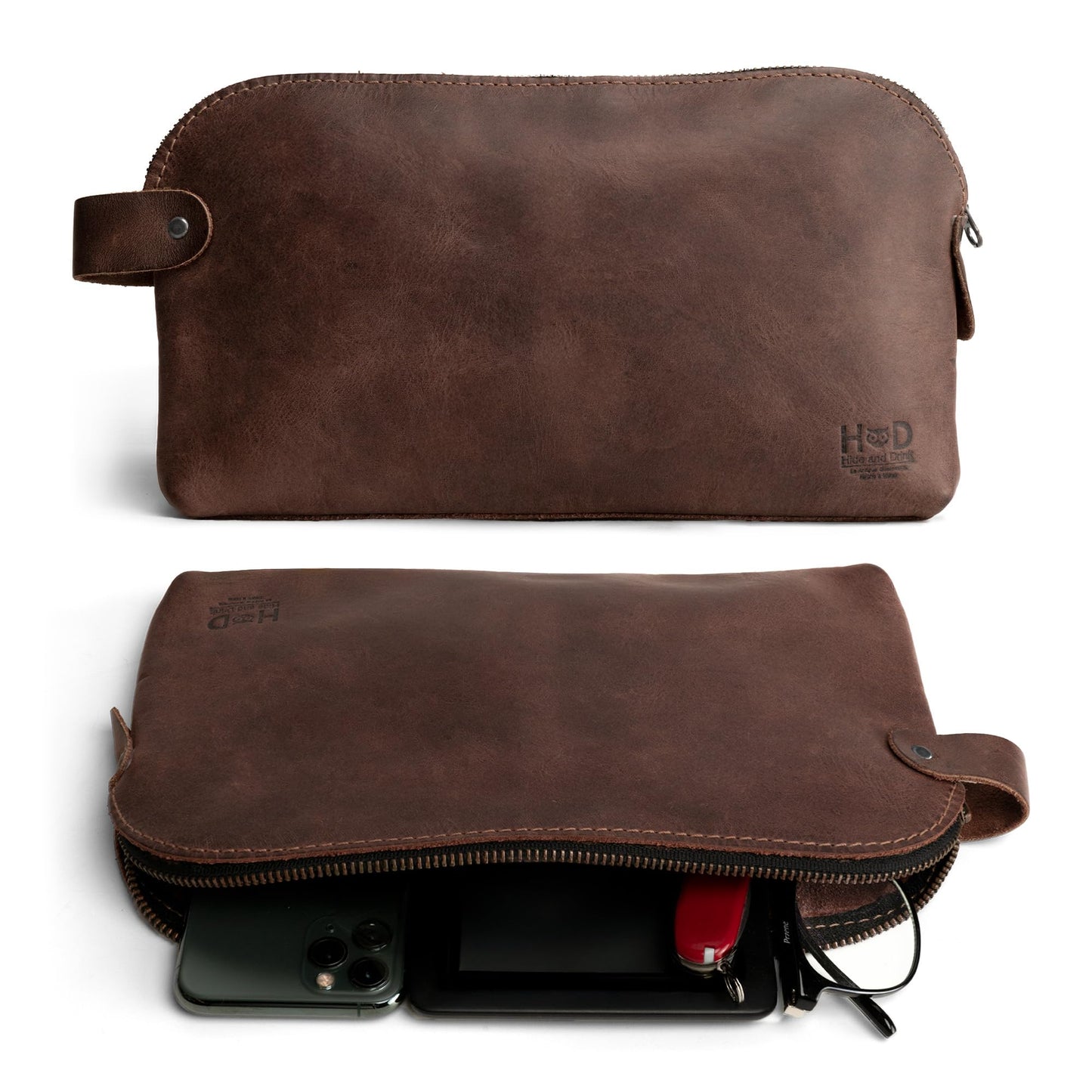 Hide & Drink, Large Rustic All Purpose Dopp Kit Utility Bag for Cords & Chargers, Travel Bag, Multi-Purpose Bag, Full Grain Leather, Handmade, Bourbon Brown