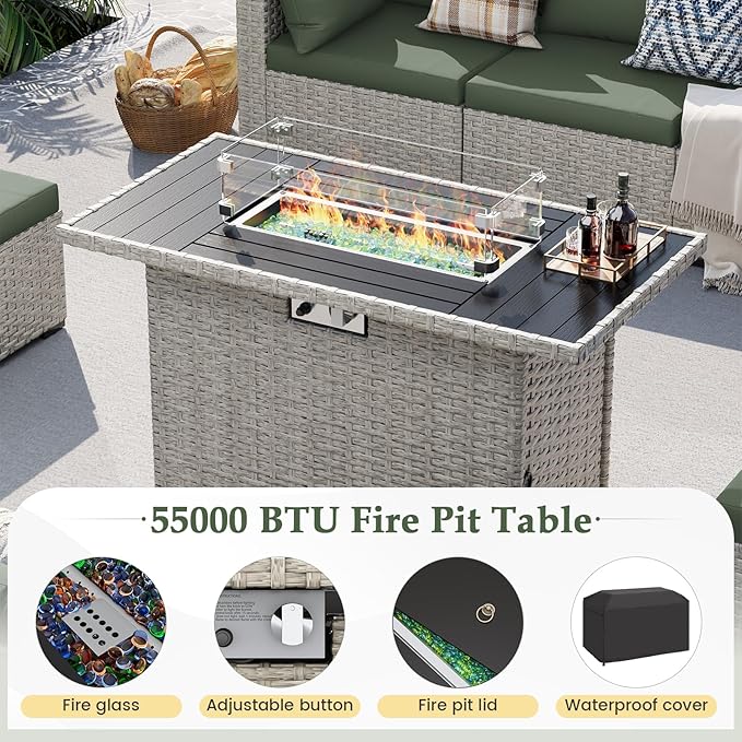 UDPATIO Patio Furniture Set with Fire Pit Table, 8 Pieces Outdoor Sectional Sofa, PE Wicker Patio Conversation Set for Garden, Backyard Green
