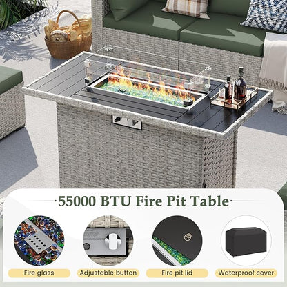 UDPATIO Patio Furniture Set with Fire Pit Table, 8 Pieces Outdoor Sectional Sofa, PE Wicker Patio Conversation Set for Garden, Backyard Green