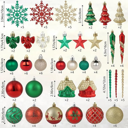 124Ct Red Green and Gold Christmas Ornaments for Tree Set, Shatterproof Assorted Christmas Decorations for Xmas Tree Snowflake Icicle House Ball Ornaments Baubles for Holiday Decor（Red Green Gold）