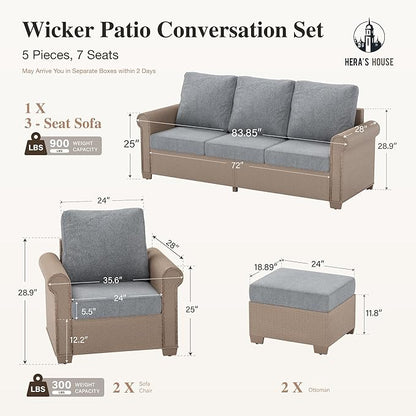 HERA'S HOUSE 5-Piece Patio Furniture Set, All Weather 7 Seats Outdoor Wicker Sofa with Ottomans, Rattan Patio Conversation Set with 5.5" Thick Cushions and 44” Coffee Table, Grey
