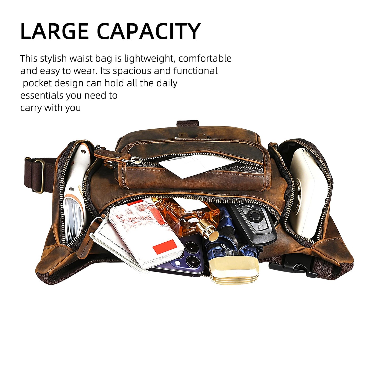 Handadsume Thick Crazy Horse Leather Hiking Riding Travel Outdoor Belt Bag Fanny Waist Pack Small Phone Pouch For Men Women 380 (388 Brown)